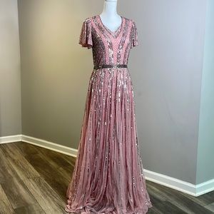 Mac Duggal pink and silver evening gown.